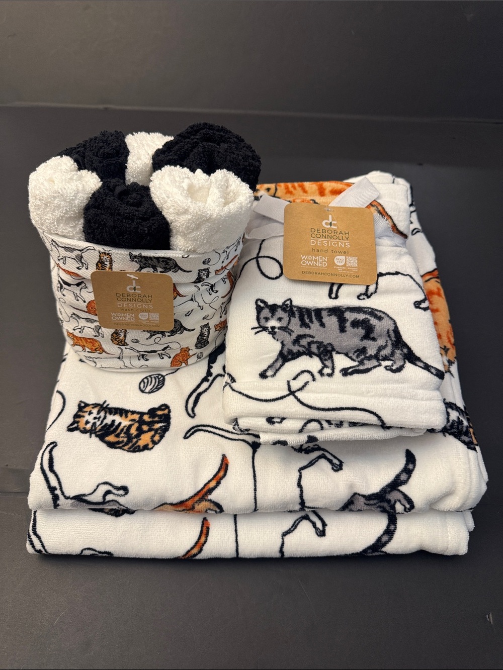 10pc DEBORAH CONNOLLY Cat Print Bath Towel Set - White/Black